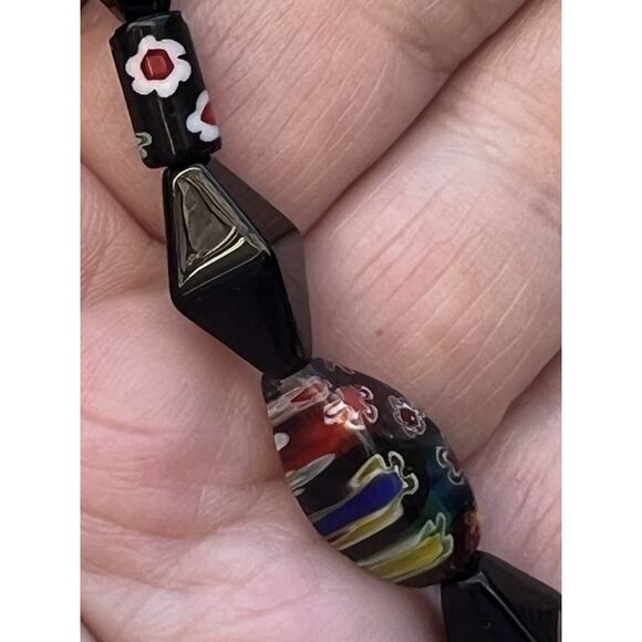 Millefiori Multicolored & Black Glass Beaded Necklaces 16” Artisan Boho T Clasp - Picture 9 of 11